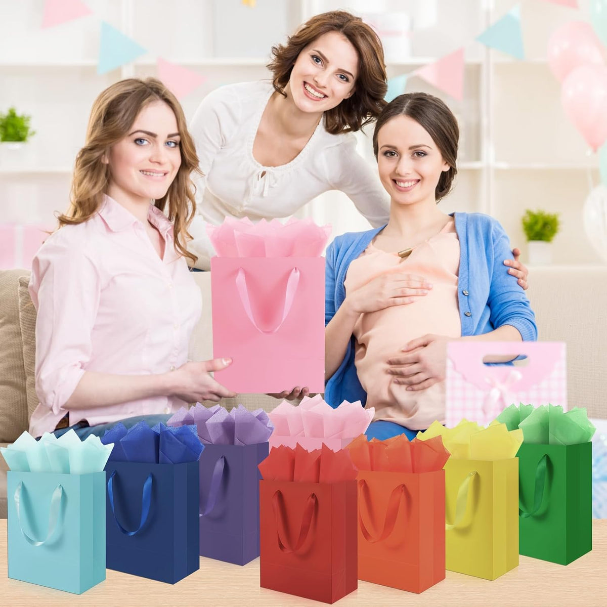 4 Pack Pink Gift Bags with Handles and 8 Tissue Papers