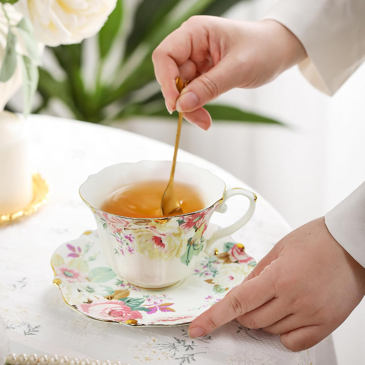 Country Roses 18 Peices Bone China Tea Cup And Saucer Set, English Vintage Tea Cups Of 6 For Women And Tea Party Sets(Pink,6 sets)