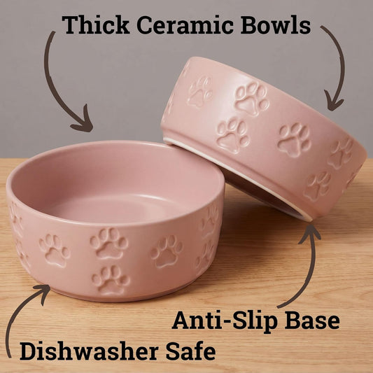 Ceramic Dog Bowl Set of 2 with Anti-Skid Base, 5.5"W x 2"H, 2 Cup Capacity | Thick Ceramic, Dishwasher Safe, Anti-Skid Rubber Base, 2 Cups per Bowl, Ceramic Food and Water Bowls Set of 2 for Small Dogs