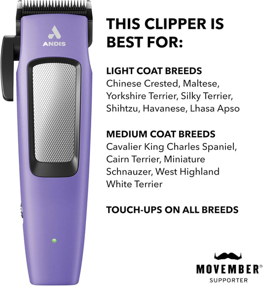 Andis Easy Clip Adjustable Blade Cordless II Dog Clipper, 10 Piece Kit, Lithium-Ion Battery, Purple, 560017