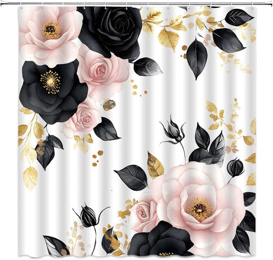 Pink and Black Flower Black and Gold Leaf Vintage Rose Watercolor Floral Modern Aesthetic Palnt Bathroom Curtain Fabric with Hooks(70" WX70 H)
