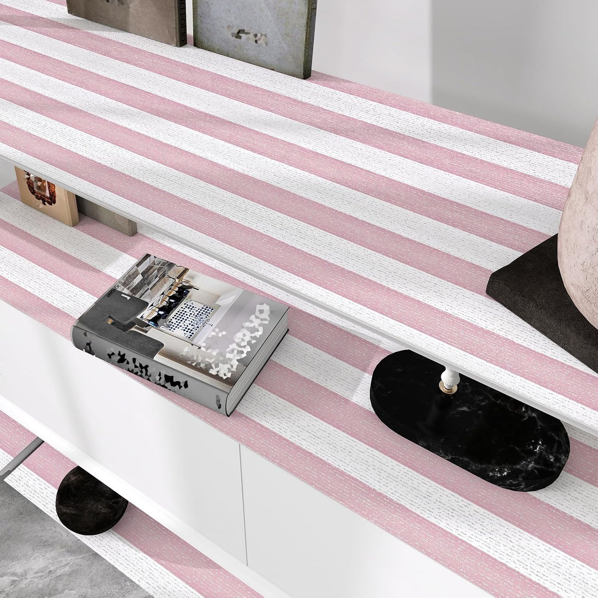 Pink Stripe Peel and Stick Wallpaper 15.7" x 118" Pink and White Self-Adhesive Wallpaper Removable Waterproof Contact Paper for Cabinets,Bedroom,Nursery,Accent Wall
