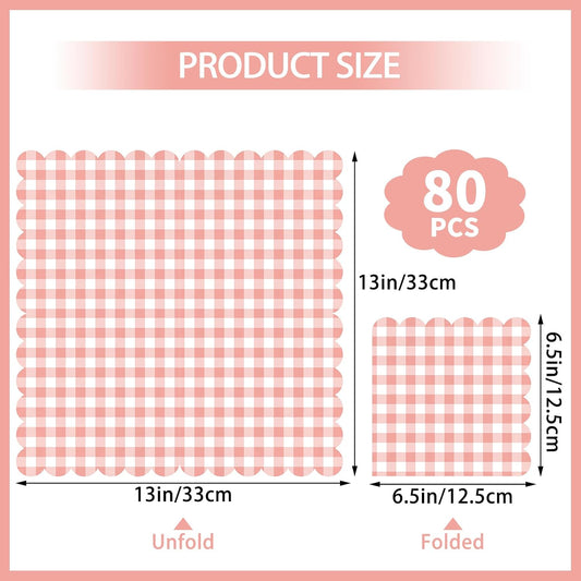 80 Pcs Coral Gingham Paper Napkins 6.5 In Light Pink and White Paper Napkins Disposable Peach Napkin Scalloped Napkin for Baby & Bridal Shower, Wedding, Birthday, Picnic