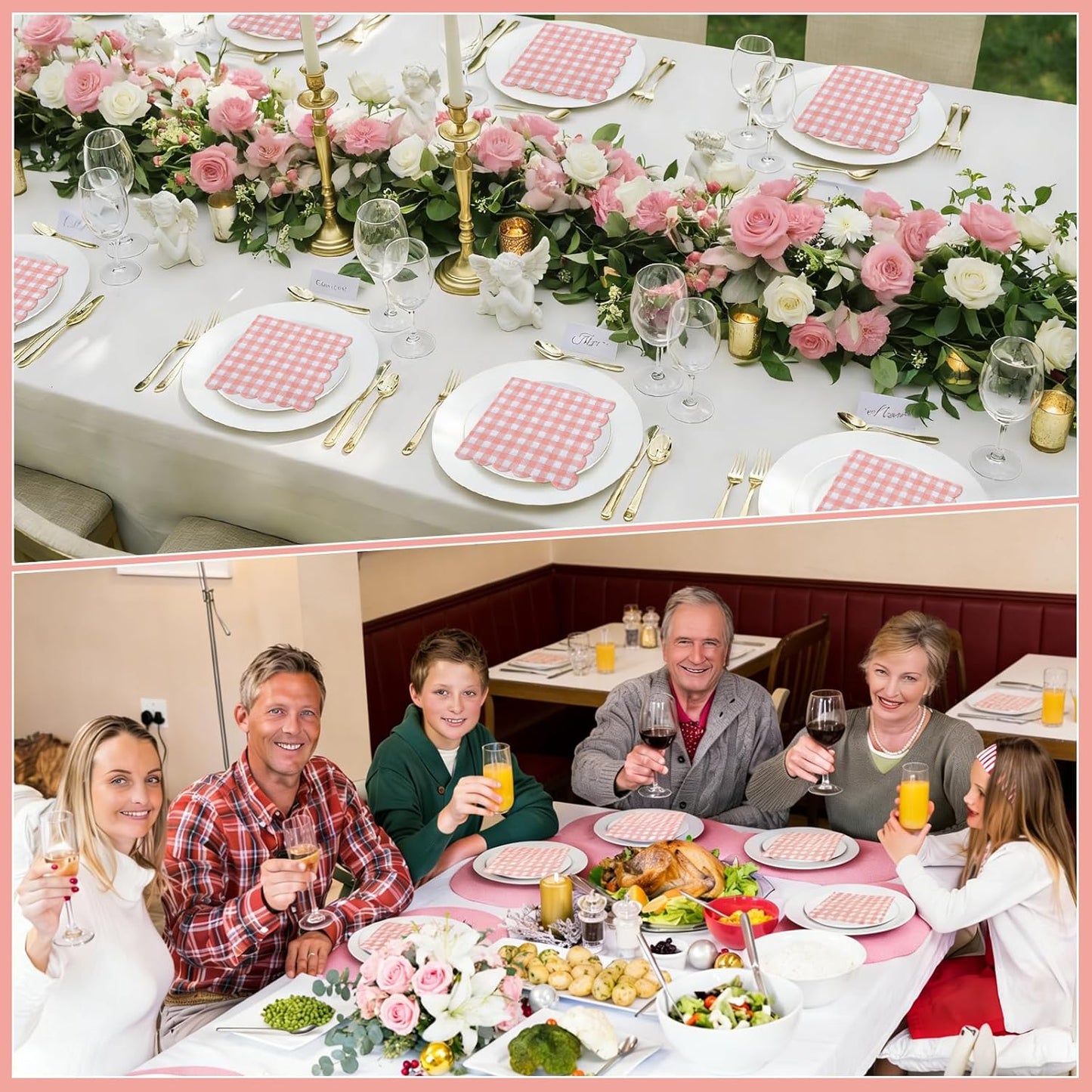 80 Pcs Coral Gingham Paper Napkins 6.5 In Light Pink and White Paper Napkins Disposable Peach Napkin Scalloped Napkin for Baby & Bridal Shower, Wedding, Birthday, Picnic