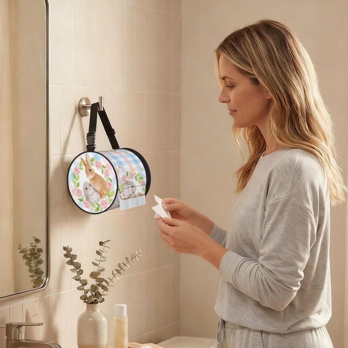 Round Tissue Holder Bag Car Hanging Tissue Boxes Cover with Adjustable Strap Foldable Roll Storage Bags with Zipper Tissues Case Organizer for Home Decor Toilet Office(Blue Pink Plaid Bunny Wreath)