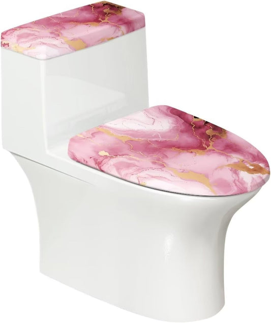 Pink Marble Print Toilet Lid Cover and Toilet Tank Cover 2Pcs Toilet Seat Cover and Tank Lid Covers Stretch Toilet Covers Set for Bathroom Fits Most Toilet Tanks & Lids