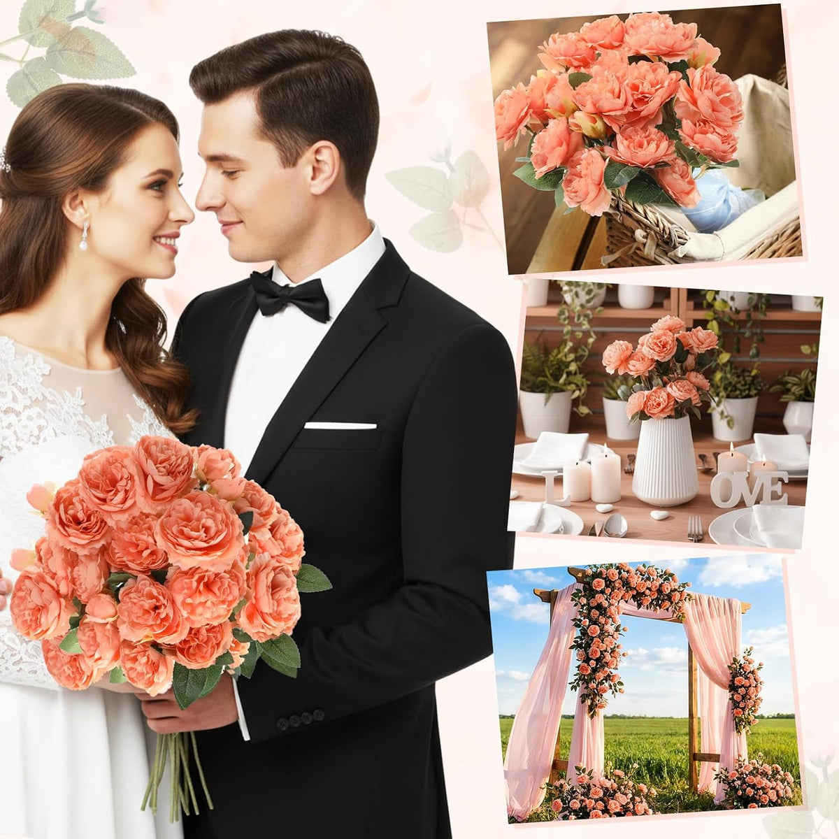 Thiccywoov 36 Bundles 36 Bundles Artificial Flowers Peonies Roses 108 Heads Fake Silk Peony Bouquet Floral Arrangements for Wedding Bridal Shower Table Centerpieces Vase Decoration (Peach)