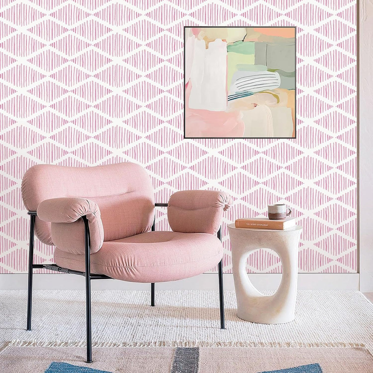 Modern White and Pink Peel and Stick Wallpaper 17.7"x120" Stripe Diamond Wallpaper Vinyl Waterproof Contact Paper Shelf Paper Drawer Liner Roll for Bedroom Living Room