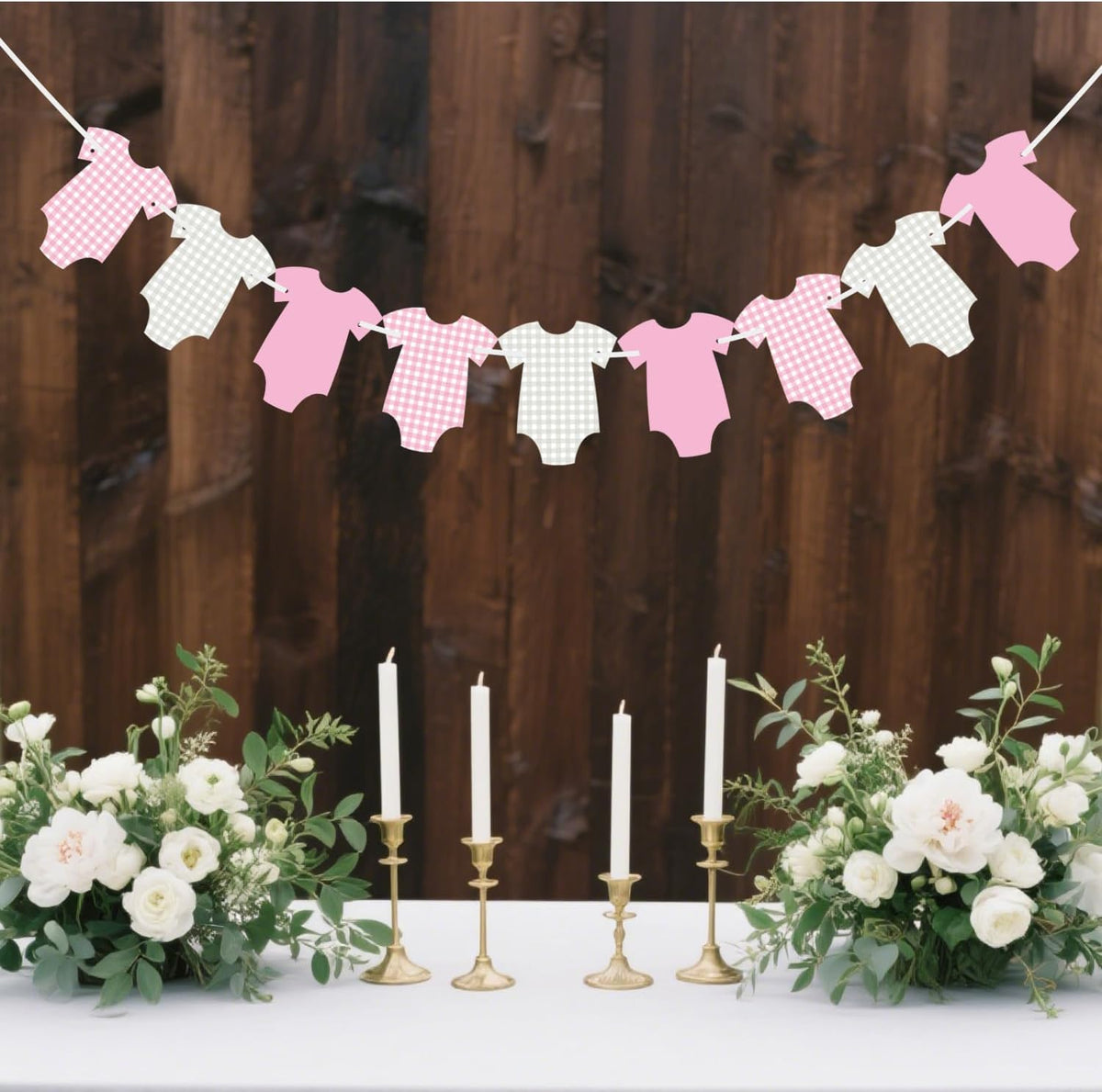 Pre-Strung Pink Gingham Bodysuit Baby Shower Garland Banner - 9 Double-Sided Onesie Cards-Baby Shower Decoration for Girls, Pink Nursery Decor, Newborn Celebration Banner