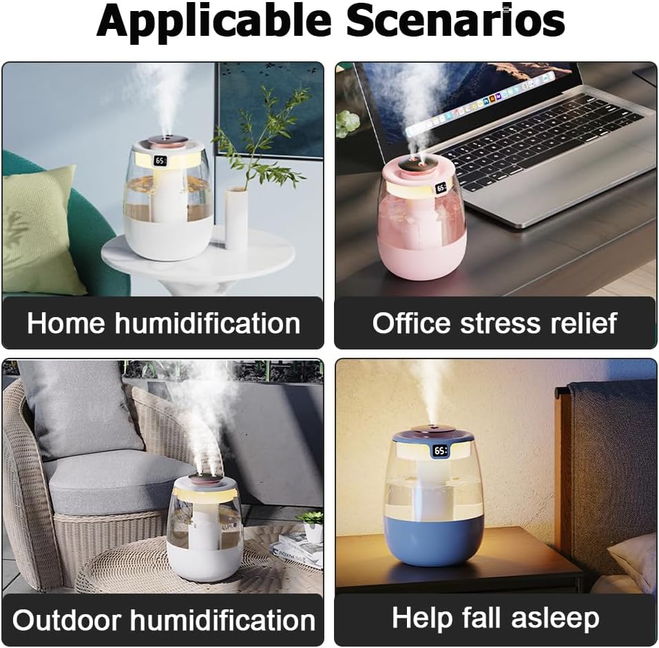 Double Spray Humidifier,1L Silent USB Digital Display Humidifier with 2 Mist Modes & Night Light for Car Office Home Room