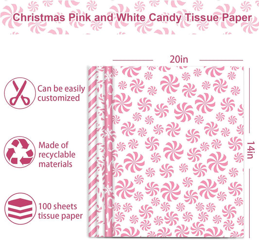 100 Sheets Christmas Tissue Paper Pink White Art Tissue Candy Cane Stripe Wrapping Paper for Xmas Winter DIY Crafts Gift Packing, 14 x 20 Inch