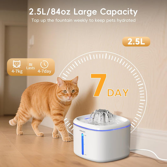 Cat Water Fountain,2.5L/84oz Pet Water Fountain for Cats Inside, Cat Fountain for Drinking with Ultra Quiet Pump(≤20dB)& LED Blue Light - for Pets Small Animals (Cat Fountain+3 Filters)