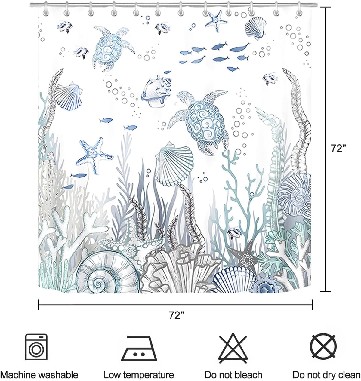 Coastal Turtle Shower Curtain Fish Coral Starfish Seashell Blue Ocean Beach Shower Curtains for Bathroom Waterproof Polyester Fabric Bathroom Curtain 72 x 72 Inch with 12 Hooks