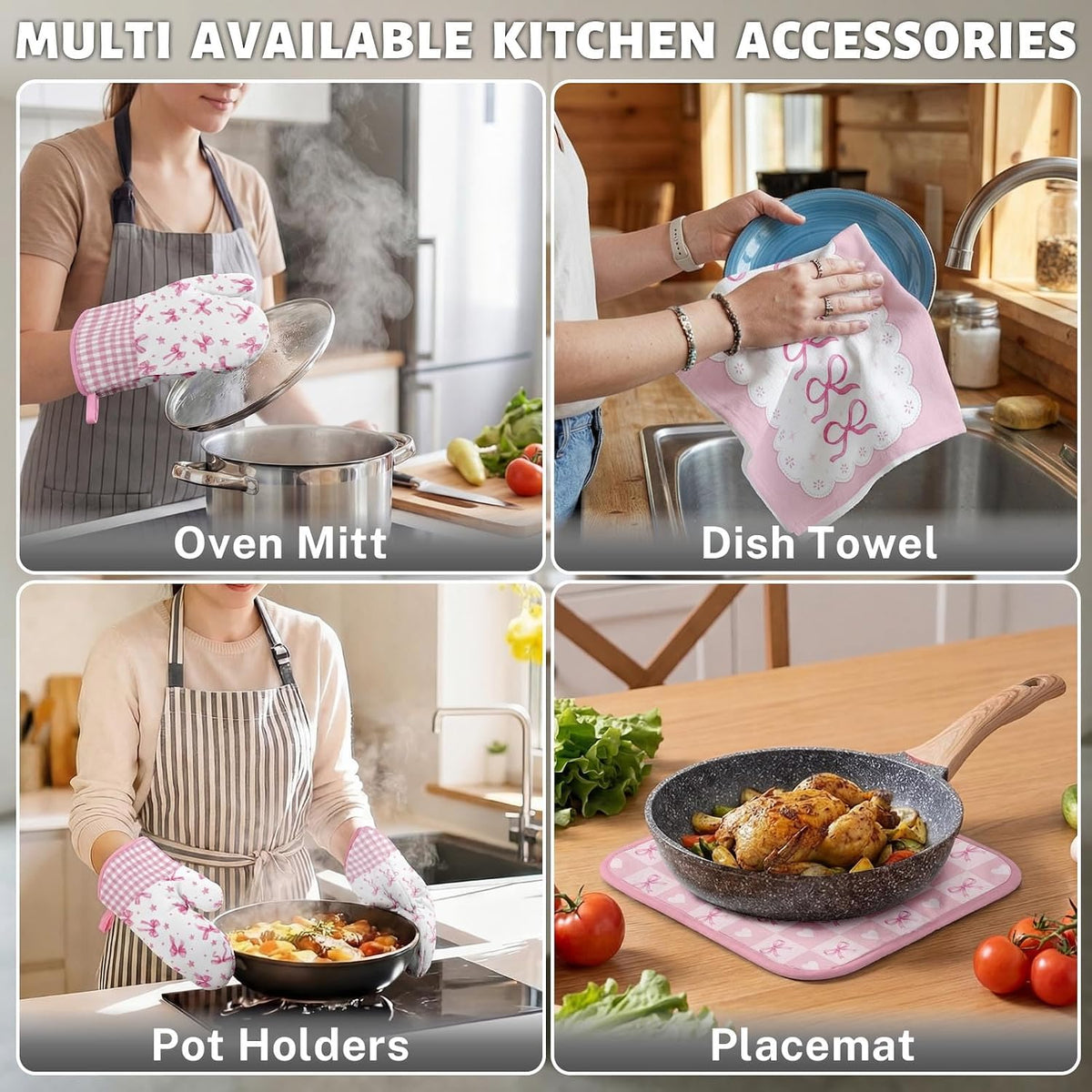 Pink Bow Kitchen Decor Set, Pink Bow Kitchen Towels, 8 Pack