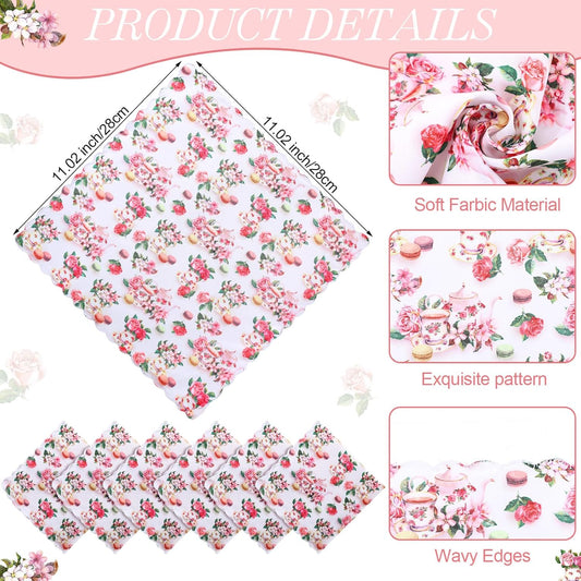 SmoothNovelty 30 Pcs Tea Party Decoration Floral Cloth Napkin Pink Vintage Teapot Handkerchief Bulk for Women Guest Bridal Shower