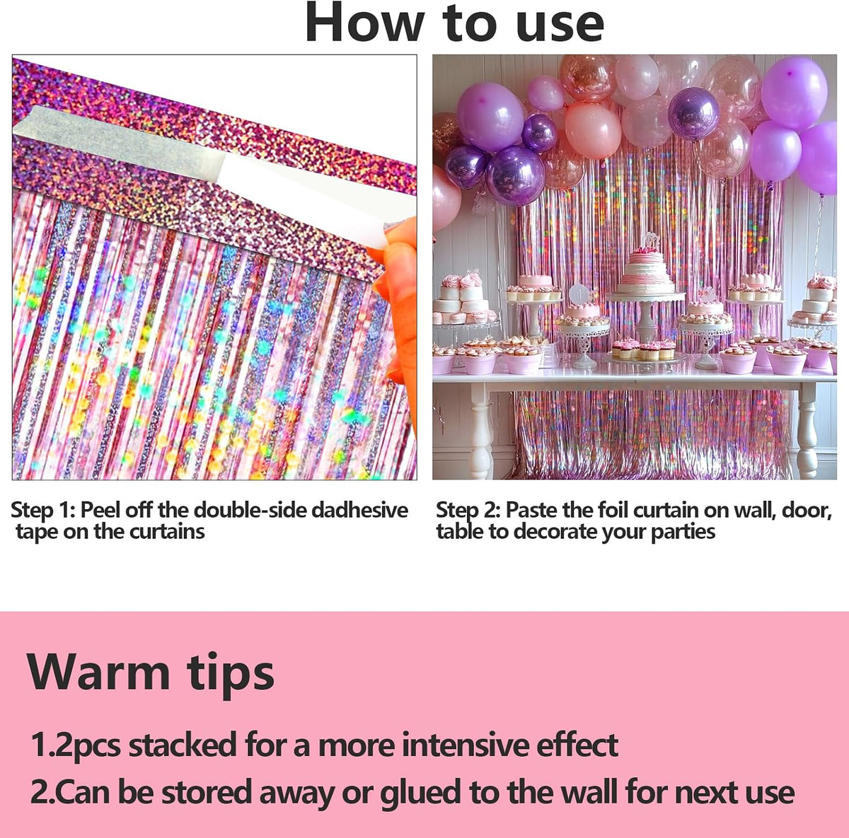4 Packs Pink Foil Fringe Curtain, Pink Glitter Metallic Tinsel Backdrop for Birthday, Wedding, Baby Shower, Princess Bachelorette Cowgirl Party Decorations Supplies