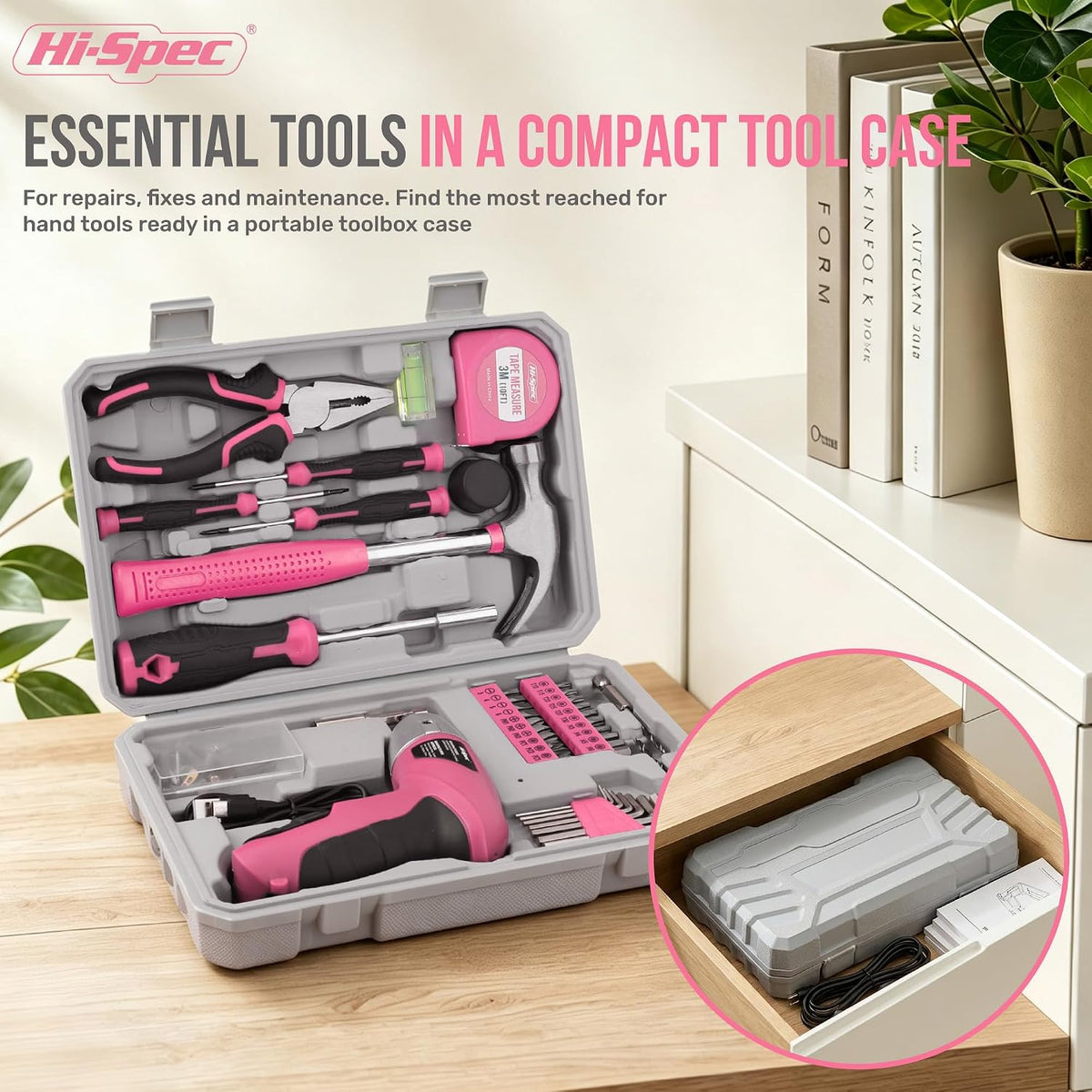 Hi-Spec 4V Electric Ladies Screwdriver Tool Kit Compact Portable Case, Pink