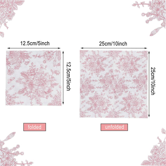 100 Pack Pink Floral Napkins, Cocktail Napkins Vintage Flower Butterfly Design, Paper Napkins for Wedding, Baby Shower, Birthday Party, 5 x 5 Inch