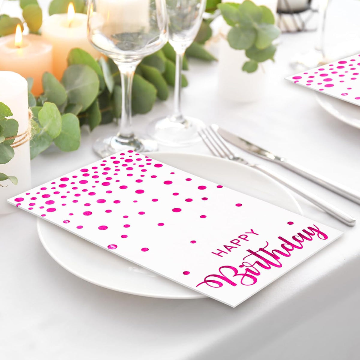 50Pcs Happy Birthday Guest Napkins Hot Pink Foil Dots Birthday Disposable Paper Napkins Dinner Hand Towel for Mother's Day Party Bathroom Table Decorations