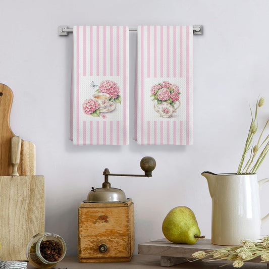 Pink Hydrangea Floral Teacup Kitchen Hand Towels Set of 2 Dish Towels | French Country Cottagecore Flower Teacup Pink Striped Decorative Hand Tea Towels for Kitchen Dining Room Decor 16X24In