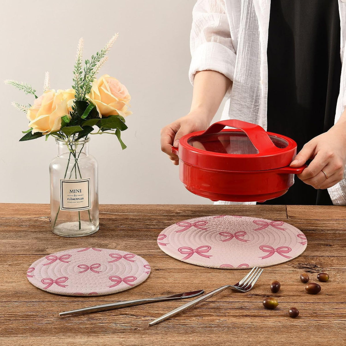 Coquette Bow Light Pink Trivet Mat 2PCS Round Woven Potholders Kitchen Table Countertop Protector Hot Pads Farmho