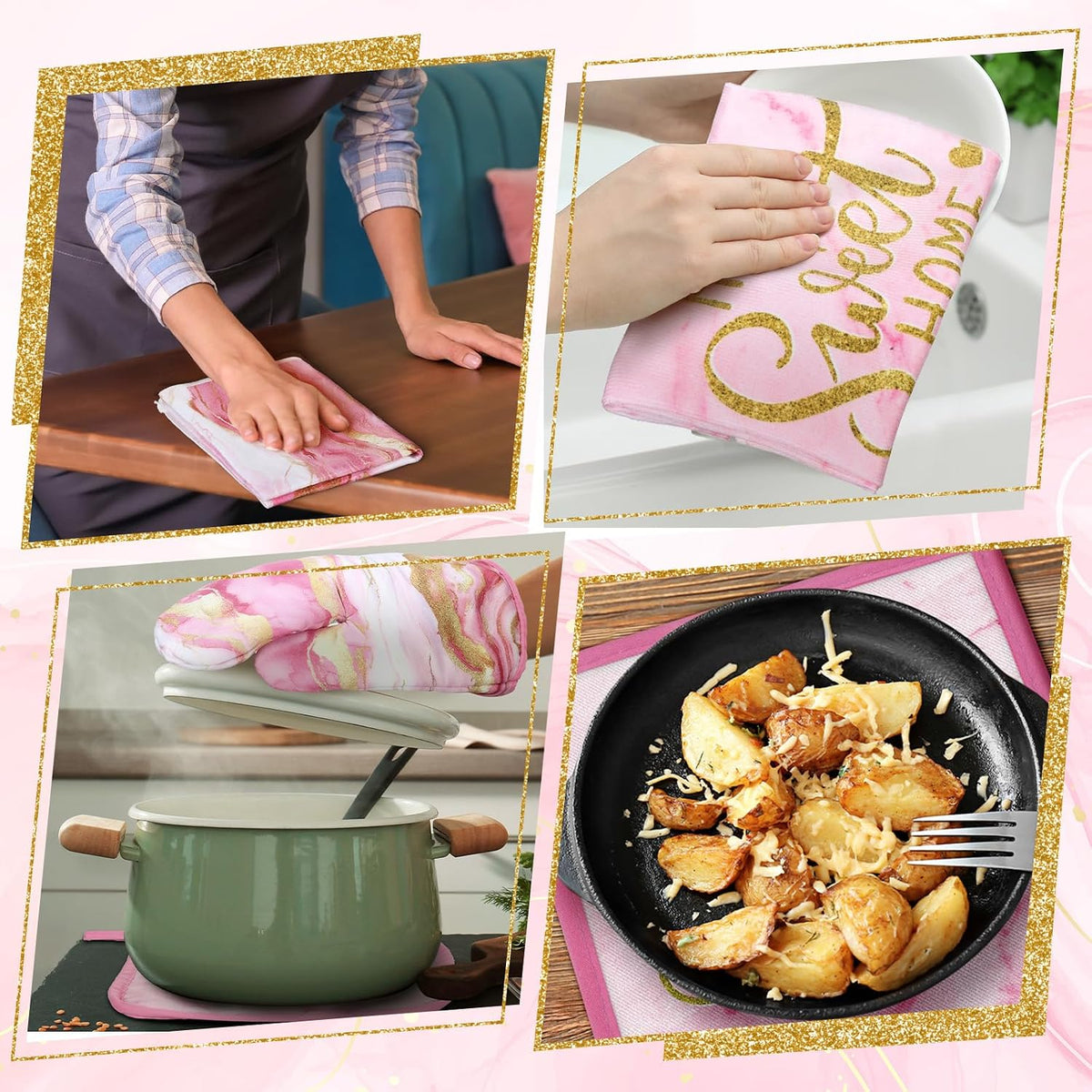 6 Pcs Pink Kitchen Decor Marble Kitchen Towels Set Pot Holders and Oven Mitts Pink Marble Linens Set for Baking Cooking Grilling Cleaning Supply Accessories