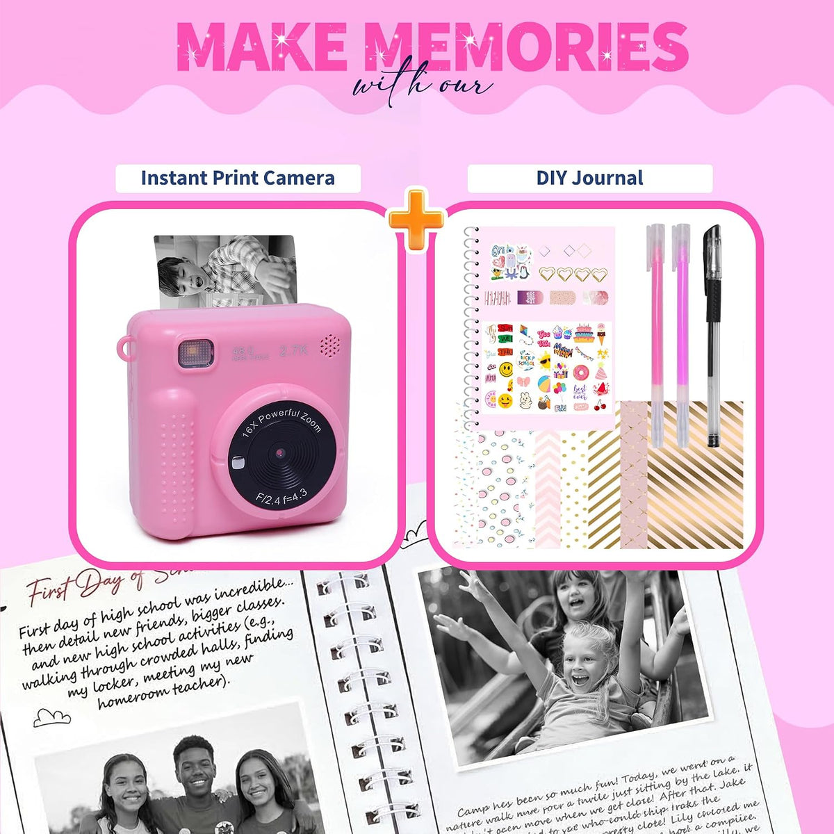 Photomaker Kit - Instant Print Camera for Kids Plus DIY Journal Kit for Girls - 150 Pcs Tween Journal & Camera for Girls - 6 7 8 9 10 11 12 13 14 Year Old Girl (Pink)