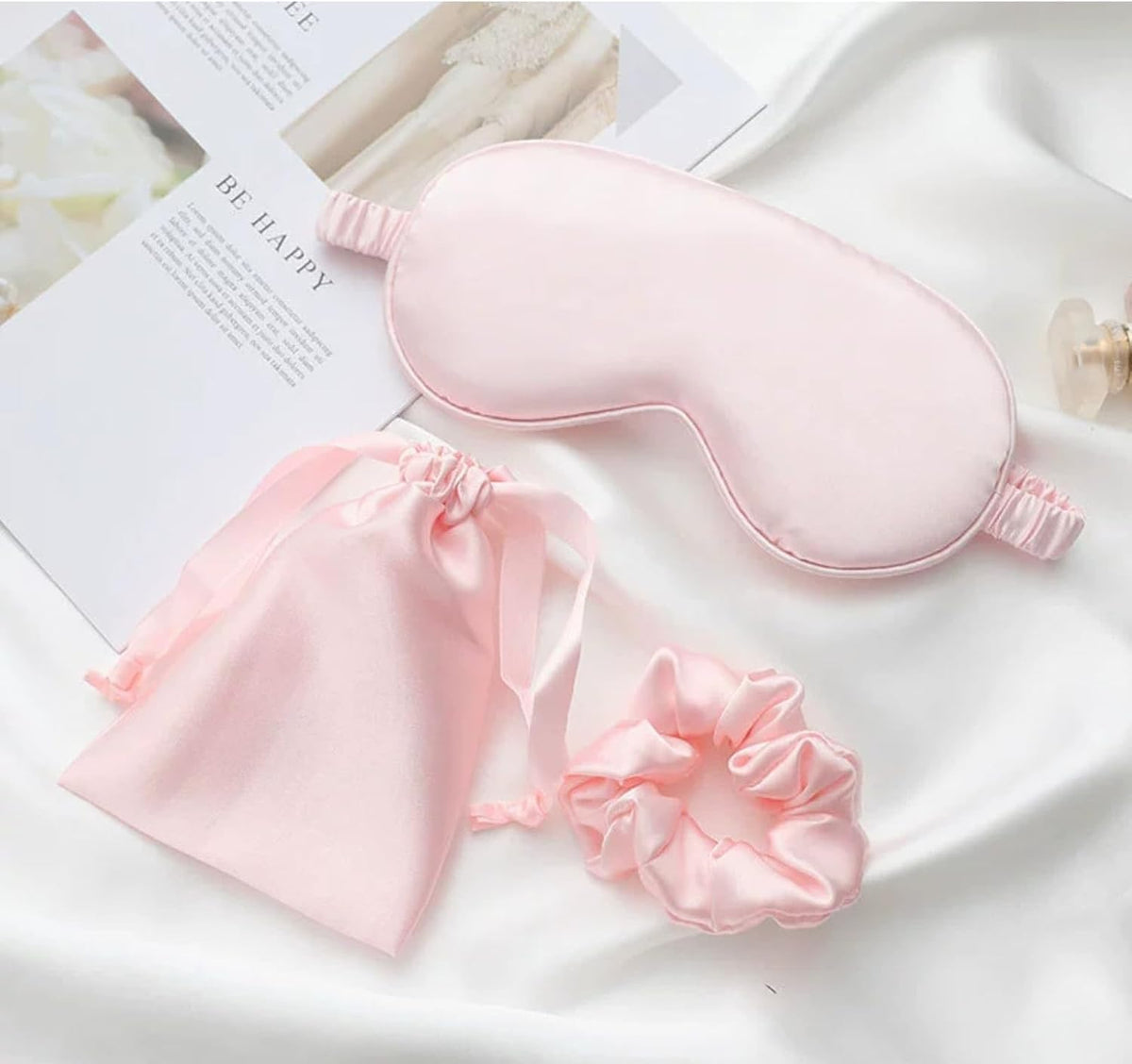 Pink Sleep Eye Mask, Blackout Silk Satin Travel Blindfold Set Women