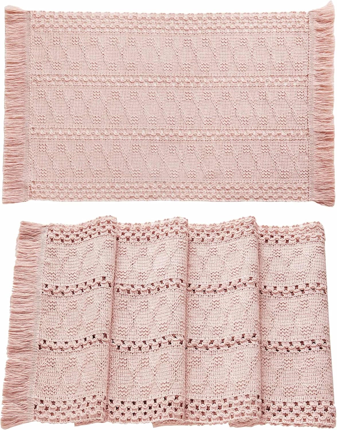 ZeeMart Macrame Style Boho Placemats Set of 4, Light Pink 12x20 Inch