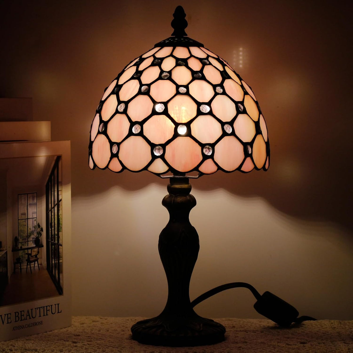 Small Tiffany Stained Glass Table Lamp,Pink
