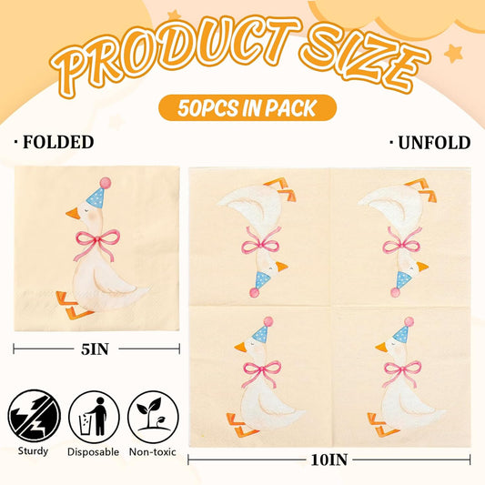Whaline 50Pcs One Silly Goose Cocktail Napkins Coquette Pink Bow Goose Paper Napkin Disposable Beverage Dessert Napkin for Birthday Baby Shower Party Supplies Table Decor