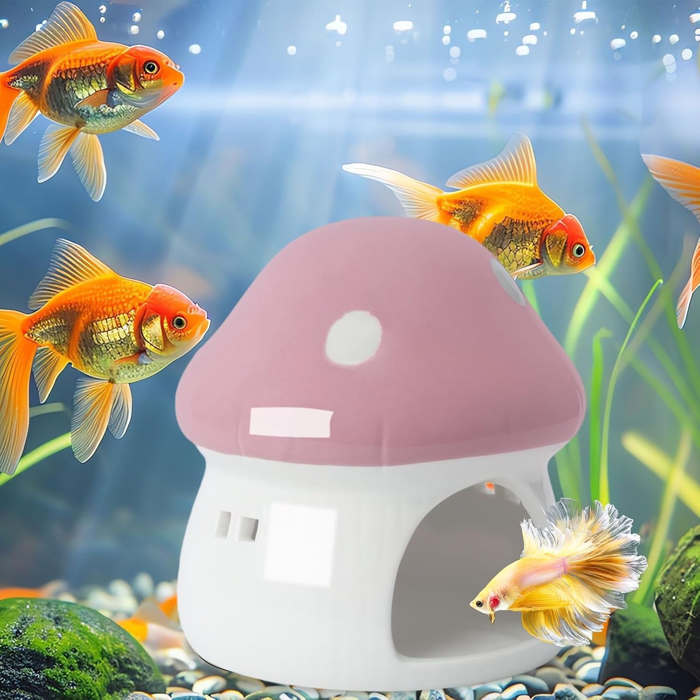 Ceramic Mushroom Aquarium Decor Cute Mini House Betta Fish Tank Accessories Decoration Hideaway Hideout Cave Ornament for Small Fish, Shrimp, Goldfish and Reptiles (Pink, Large)