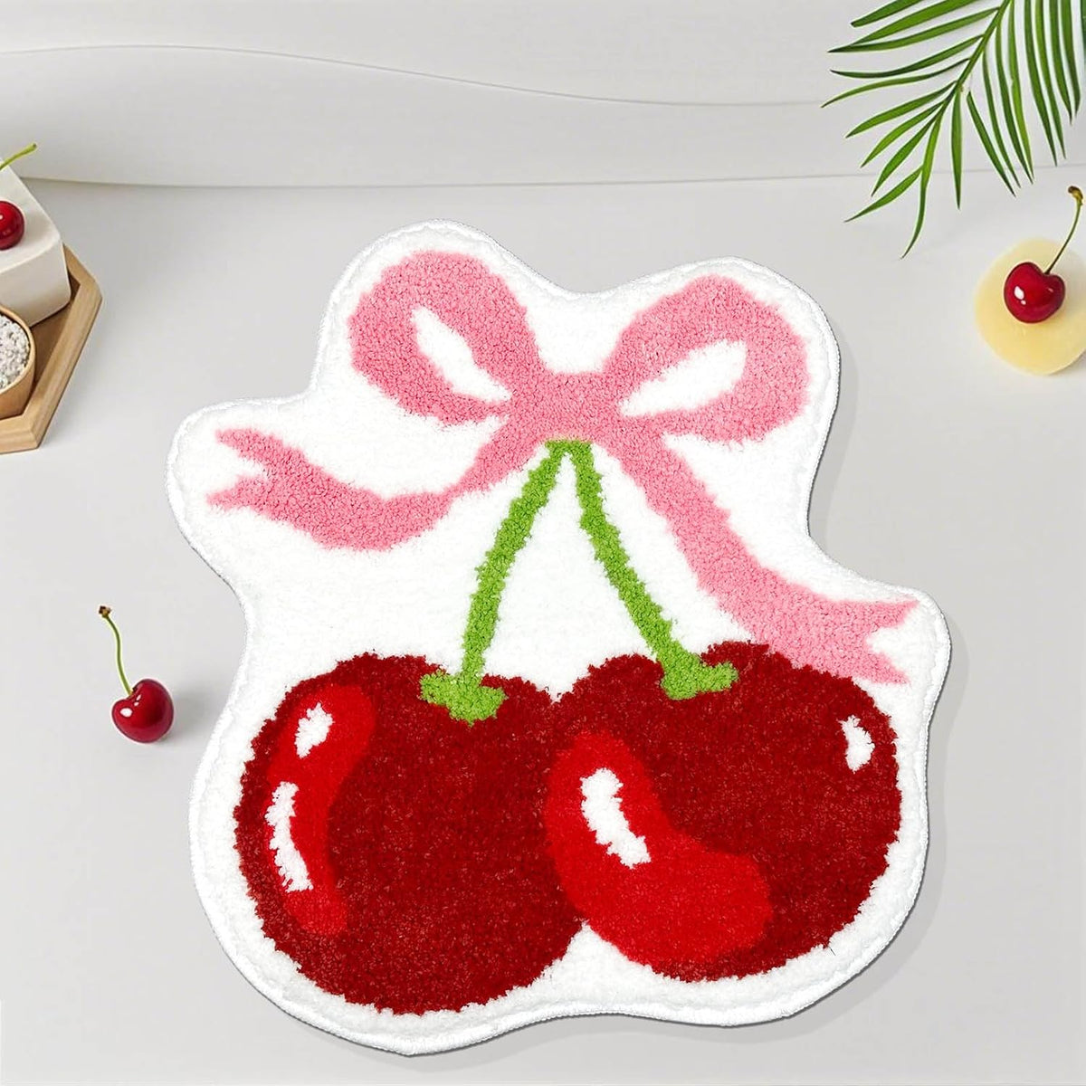 Cherry Bow Bathroom Rug Cute Cherry Pink Bow Bath Mat Super Soft Absorbent Rugs Non Slip Bath Mat Machine Washable Rug for Bathroom Home Decor 19.5x21.5 inches