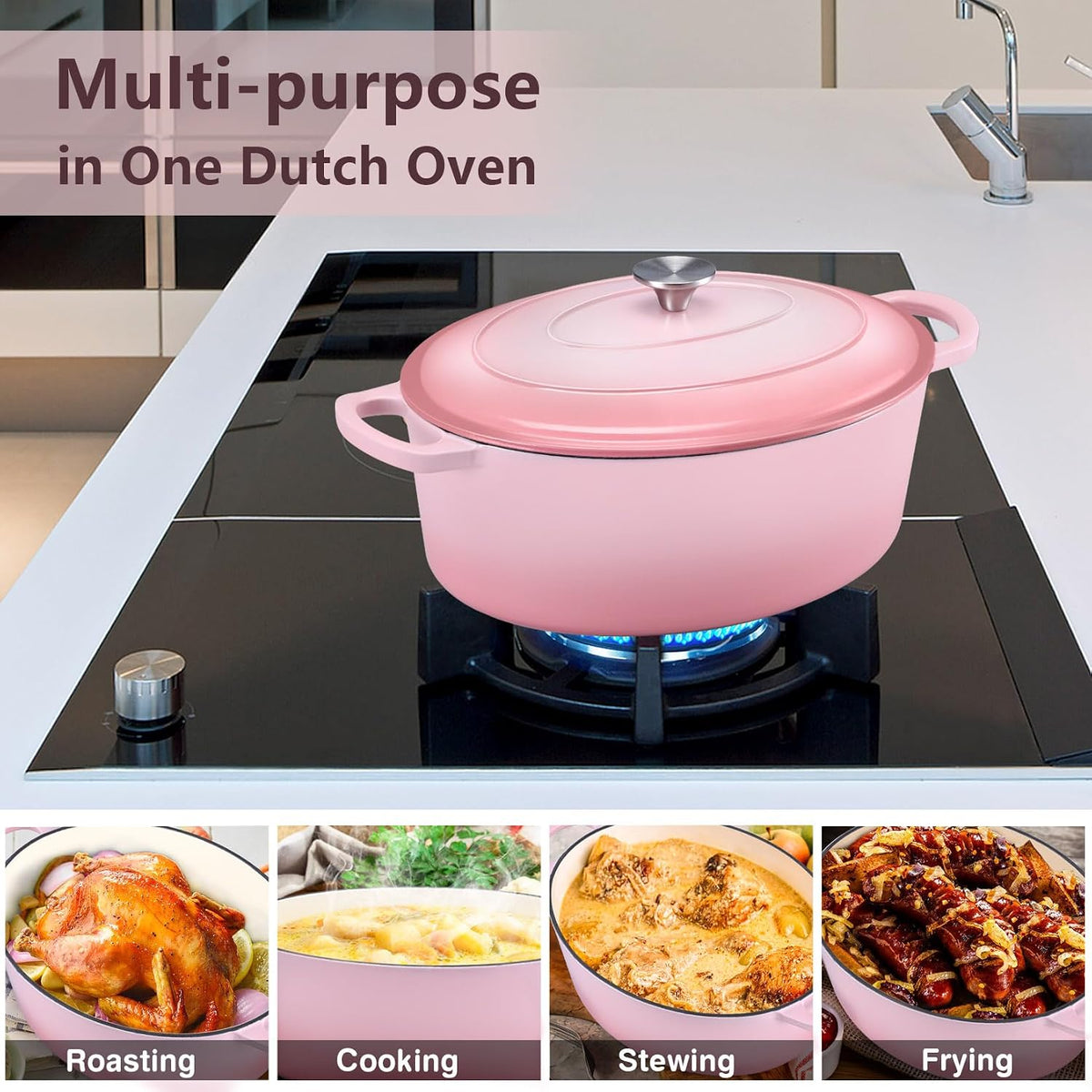 Oval Dutch Oven with Lid, Enameled Cast Dutch Oven Pot for Bread Baking, Braising, Stewing, Roasting, Non-Stick & Oven Safe, Dual Handles & Easy Clean, 5QT & Pink, Valentine's Day