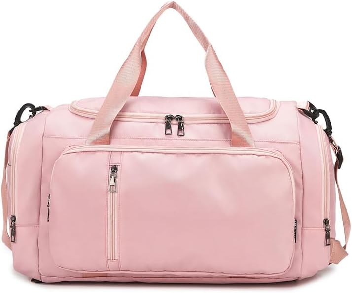 Sports Duffle Bag, Nylon, Multi-Pocket, Gym Travel Weekender Bag with Shoulder Strap (Pink)