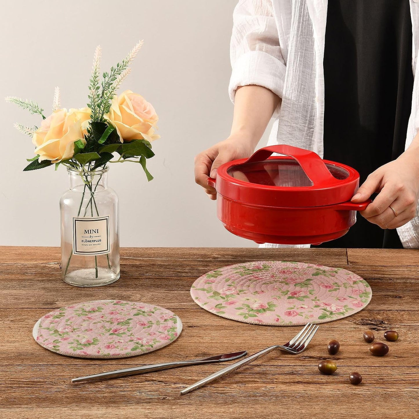 Pink Rose Pattern Pot Holders Trivets Set 2 Pcs Cotton Hot Potholders Hot Pad for Cooking