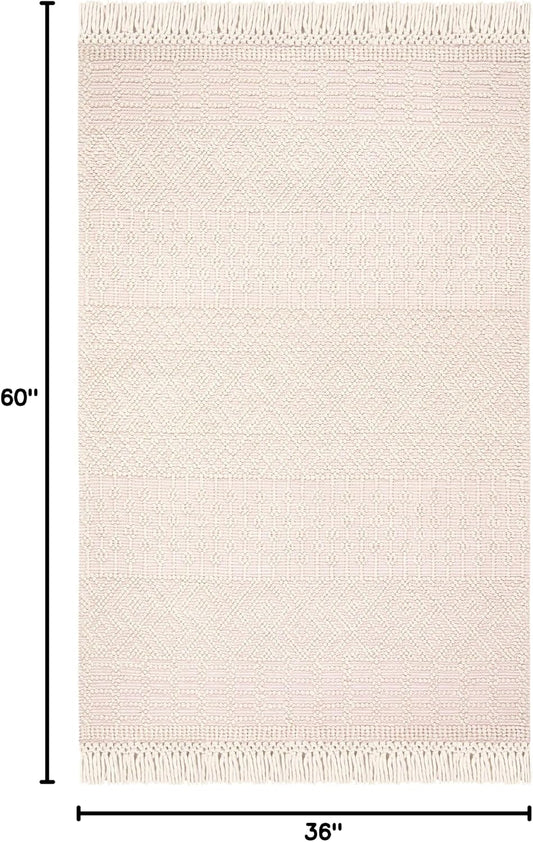 Natura Collection Accent Rug - 3' x 5', Ivory & Pink, Handmade Moroccan Boho Wool Fringe, Ideal for High Traffic Areas in Entryway, Living Room, Bedroom (NAT852R)