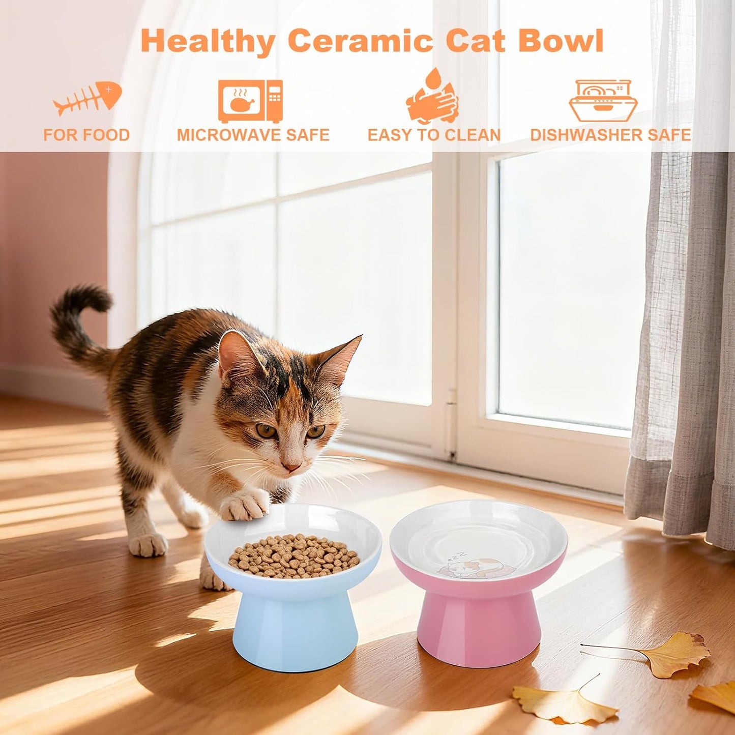 Raised Cat Food Bowl – Ceramic Elevated Cat Bowl for Whisker & Neck Fatigue,Non-Slip & Anti Vomiting Pet Feeder for Kittens to Adult Cats and Small Dogs,Dishwasher Safe(Pink)