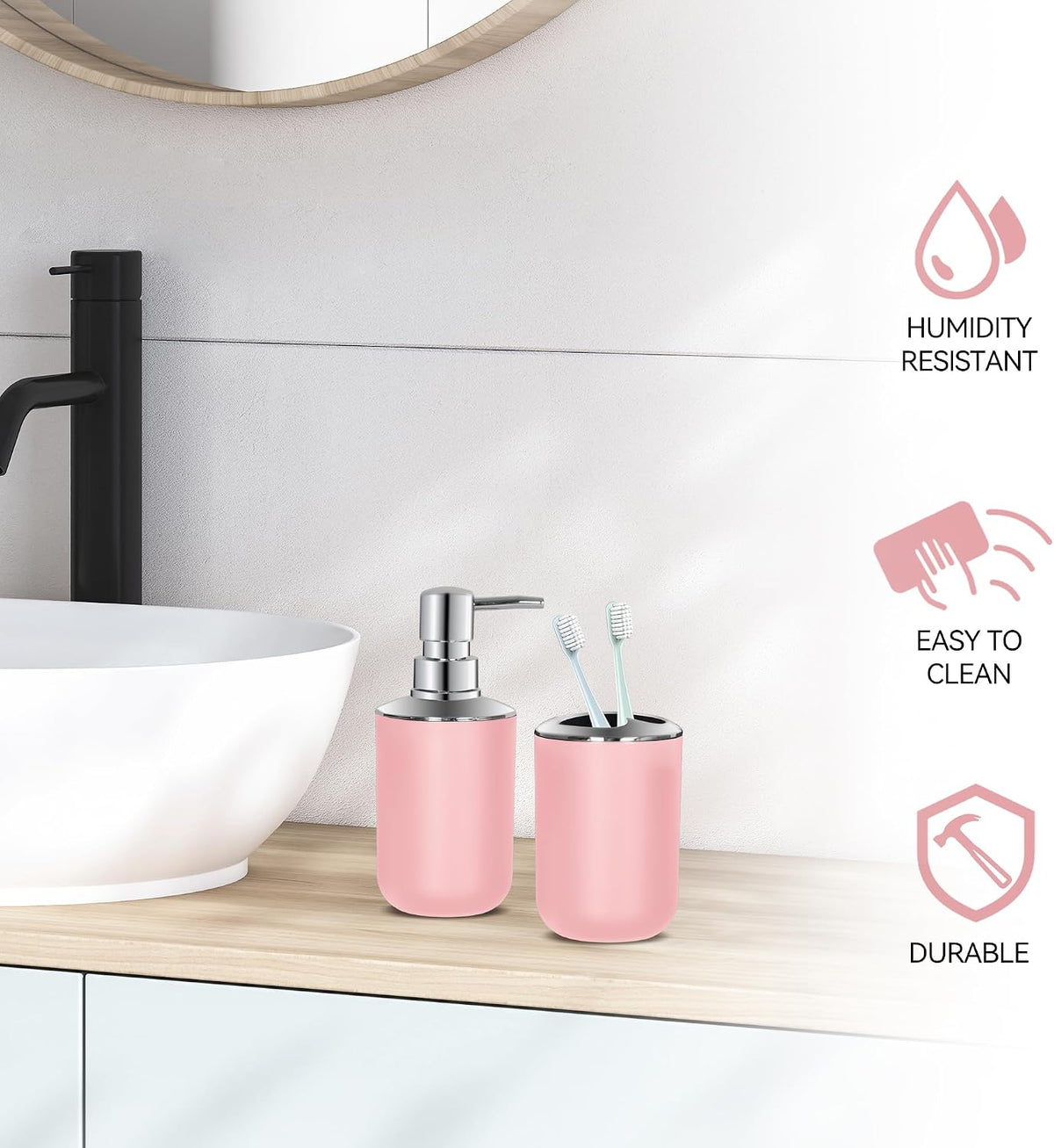 Pink Bathroom Accessories Set 2 PCS, Soap Dispenser and Toothbrush Holder