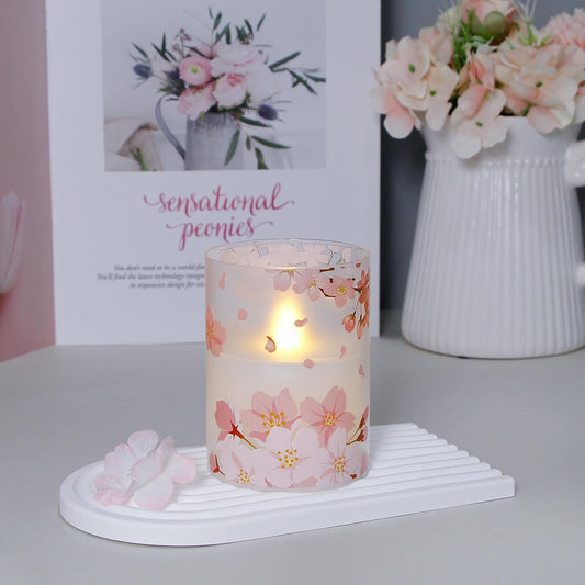 Flameless Flickering Glass Candles with Remote and Timer,Cherry Blossoms LED Battery Operated Real Wax Set of 3 Realistic Wick Electric Pillar Candles,Warm Fire(3 x 4, 5, 6 Inches)