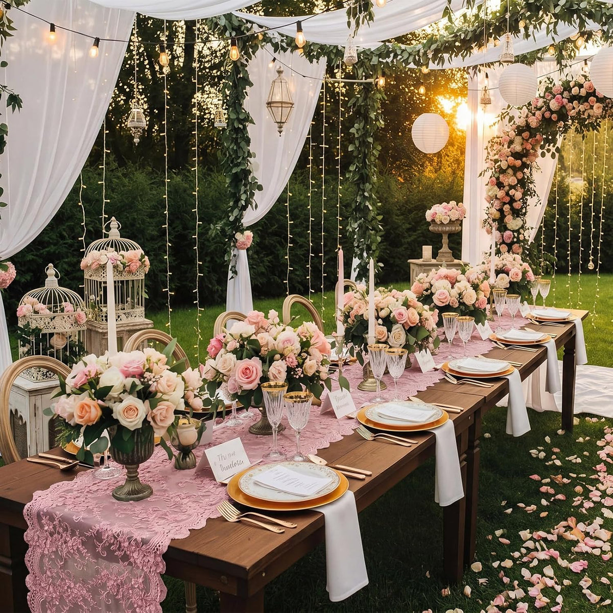10 Pcs Lace Table Runner Floral, 31.5''x120'', Rose Pink