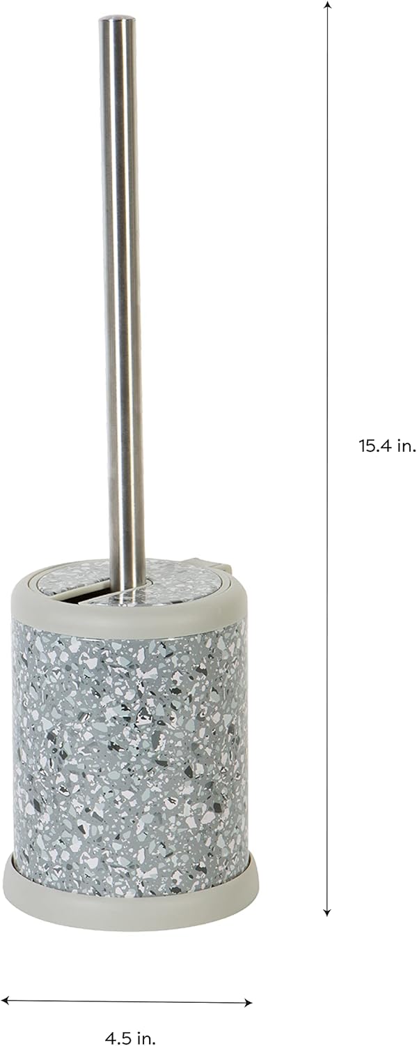 Toilet Brush and Holder | Self Closing Lid | 360 Degree Brush Head | Bathroom Cleaning | Compact Size | Storage and Organization | Terrazzo grey with pink speckles