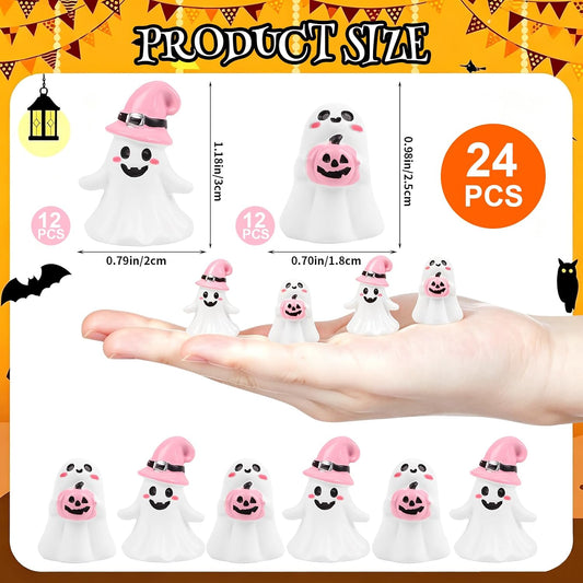 24pcs Halloween Mini Ghost Figurines, Miniature Resin Ghost Figures Decoration for Halloween Party Supply Table Centerpiece Desk Ornament Home Decor, Pink