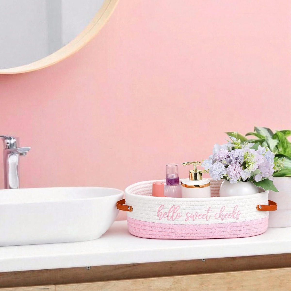 Hello Sweet Cheeks Bathroom Decoration Pink and White Cotton Rope Toilet Basket Toilet Paper Holder Basket Rustic Bathroom Organizer Farmhouse Home Decoration Organizing Small Baskets