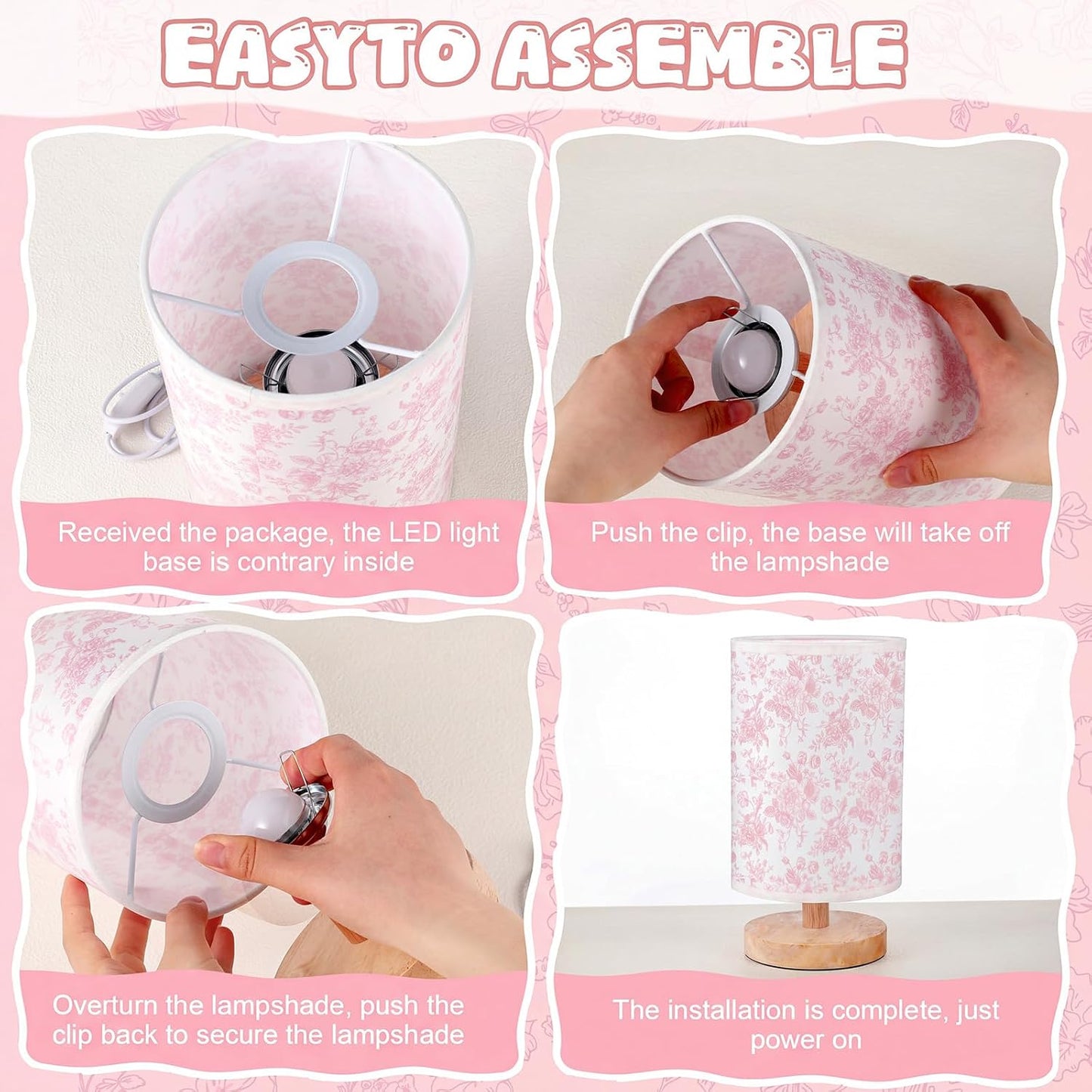 Pink Flower Small Table Lamp Bedside Floral Lamp with USB Ports for Bedroom Floral Linen Lampshade with Wood Base for Bedroom Living Room Nightstand Girls Nursery Desk Decor