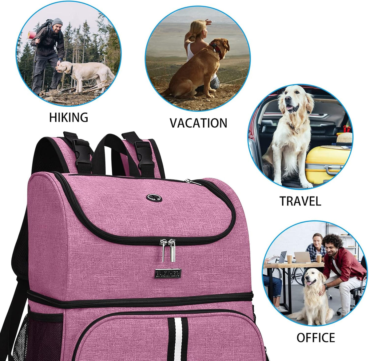 Pet Travel Bag, Double-Layer Pet Supplies Backpack (for All Pet Travel Supplies), Pet Travel Backpack with 2 Silicone Collapsible Bowls and 2 Food Baskets Pink