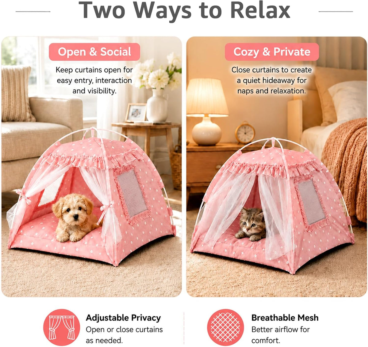 Pink Princess Cat Bed Dog Tent, Indoor House for Small Puppies and Kittens
