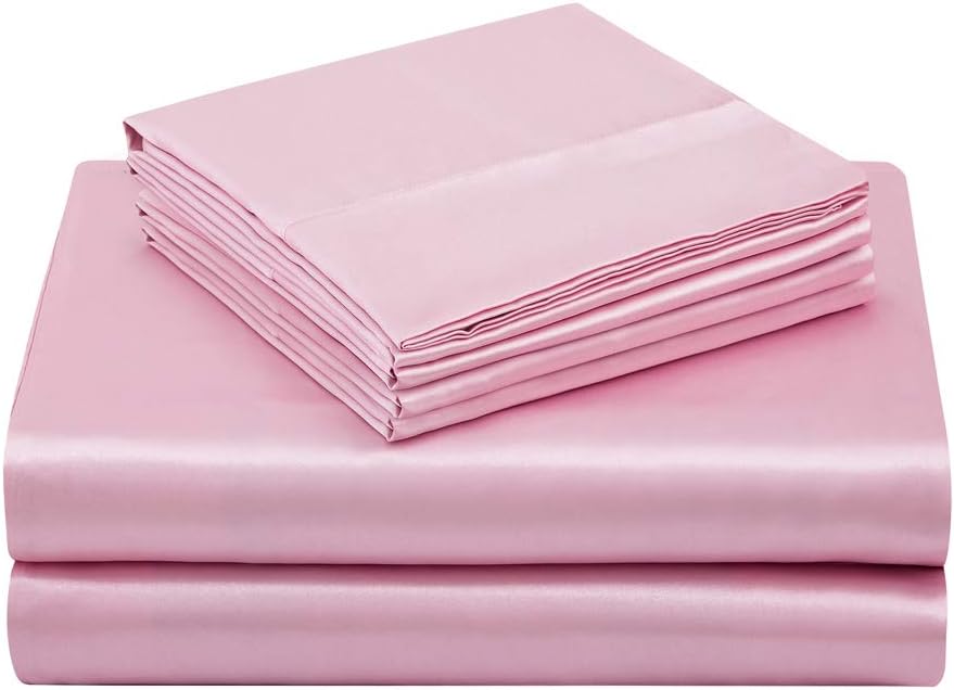 4 Piece Set Pink Satin Sheets Twin Size