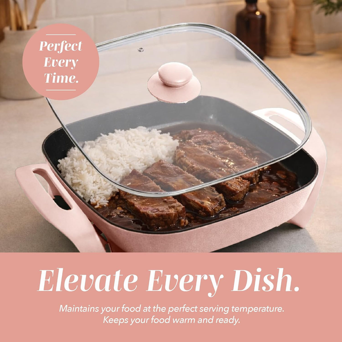 Electric Skillet - 12" x 12" Ceramic Nonstick Pan, PFAS-Free, 1400W, Tempered Glass Lid, Variable Temperature, Removable Heating Probe, Cool-Touch Handles, Blush