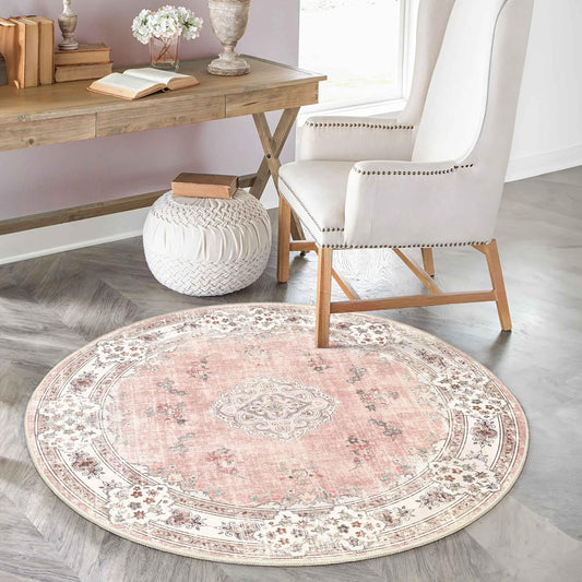 Pink Round Rug 4ft Small Circle Washable Area Rug Non Slip Floral